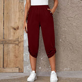 Damen nan lässige dreiviertellange Hose mit elastischem Bund, Eingrifftaschen und krempelbarem Saum Drune – Weinrot