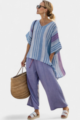 Carlotta – top elegante Lavendel und Himmelblau und Leinenhose – Mehrfarbig