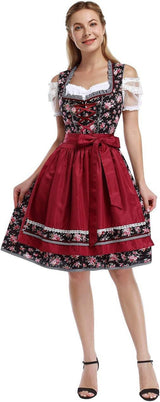 Damen nan traditionelles Dirndlkleid mit Schnürung, floraler Baumwollqualität und Schleifen-Schürze Drune – 8006【Oberteil + Rock + Schürze + Schleife】