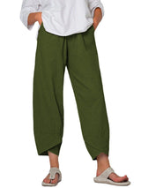 Damen nan lockere Leinenhose mit hohem Bund, Tulpen-Saum und seitlichen Eingrifftaschen Drune – Olivgrün