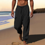 Herren nan luftige Leinen-Mix Strandhose mit Cargo-Taschen und elastischem Saum Drune – Schwarz