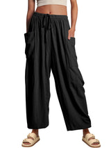 Damen nan weite Palazzohose aus leichtem Leinenmix mit Tunnelzug und seitlicher Tasche Drune – Schwarz
