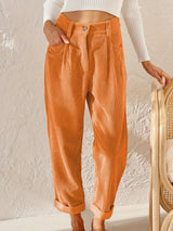 Damen nan weiche weite Cordhose mit hoher Taille, Bundfalten und umgeschlagenem Saum Drune – Orange