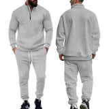 Herren nan Strick-Trainingsset mit halbem Reißverschluss, Zopfmuster-Pulli und Kordelzug-Jogger Drune – Grau