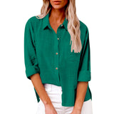 Damen nan oversized Leinen-Baumwollmix Hemdbluse mit Brusttasche und krempelbaren Ärmeln Drune – Tinten-Grün