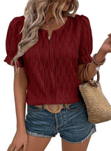 Jacquard-Top mit Puffärmeln für Damen – Trendy, locker und bequem – Burgundisch