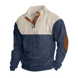 Herren nan rustikaler gerippter Pullover mit Henley-Kragen und lederartigen Ellbogenbesätzen Drune – Apricot+Blau