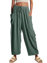 Damen nan weite Palazzohose aus leichtem Leinenmix mit Tunnelzug und seitlicher Tasche Drune – Grün