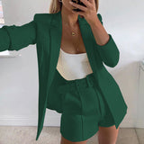 Damen nan tailliertes Longblazer-Shorts Set mit betonter Schulterpartie, hoher Taille und breitem Gürtel Drune – Dunkelgrün