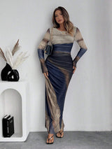 TORINA - Bequemes bedrucktes Maxikleid mit langen Ärmeln und Rundhalsausschnitt – Blau Khaki