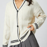 Damen nan oversized Zopfstrick Cardigan mit V-Ausschnitt und kontrastierenden Strickkanten Drune – Apricot-Schwarz