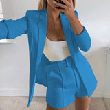 Damen nan tailliertes Longblazer-Shorts Set mit betonter Schulterpartie, hoher Taille und breitem Gürtel Drune – Blau