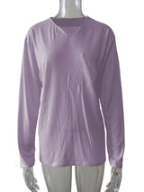 Damen nan legeres Langarmshirt mit V-Notch-Ausschnitt, Brusttasche und lockerer Oversize-Passform Drune – Ohne Taschen – Hellviolett Langarm