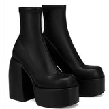 Damen nan Plateau-Stiefelette mit hohem Blockabsatz, nahtlosem Stretchschaft und robuster Laufsohle Drune – Schwarz