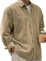 Herren nan langärmliges Oversize-Cordhemd mit Hemdkragen und durchgehender Knopfleiste Drune – Khaki