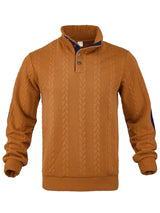 Herren nan Zopfmuster-Pullover mit Stehkragen, halber Knopfleiste und Ellbogenpatches Drune – Braun
