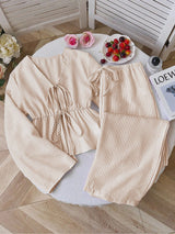 Damen nan gestreiftes Leinenähnliches Homewear-Set mit gerafftem Tunnelzugoberteil und elastischer Bundhose Drune – Khaki