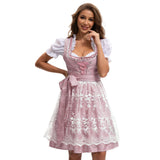 Damen nan traditionelles kurzes Dirndl mit Spitzenapron, Herzausschnitt, Puffärmeln und Schnürung Drune – 753870 Rosa（Oberteil + Rock + Schürze + Schleife）