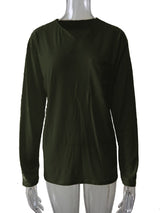 Damen nan legeres Langarmshirt mit V-Notch-Ausschnitt, Brusttasche und lockerer Oversize-Passform Drune – Mit Tasche - Olivgrün - Langarm