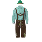 Herren nan traditionelle Trachtenlederhose mit bestickten Hosenträgern, kariertem Trachtenhemd und Filzhut Drune – 82349 Grün Langarm-Oberteil + Braun Latzhose + Grüner Mütze