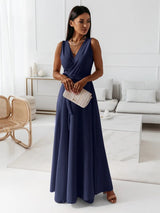 Desaria - Damen Abendkleid V-Ausschnitt Maxi Kleid Dunkelgrün für Hochzeitsgast – Marineblau