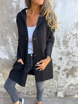 Damen nan Kapuzenmantel mittellanger Baumwollmix mit Druckknopfleiste und Eingrifftaschen Drune – Schwarz