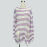 Damen nan Oversized Grobstrickpullover mit breiten Blockstreifen und aufgerissenem Design Drune – Langes Hellviolett