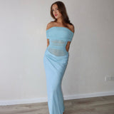 Bella | Langes Kleid aus Spitze Asymmetrisch – Blau