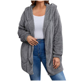 Damen nan kuschelige Teddy-Fleece Kapuzenjacke mit großen Eingrifftaschen und entspannter Silhouette Drune – Grau
