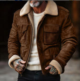Herren Vintage-Lederjacke mit Teddyfellkragen und praktischen Taschen Aliams – Braun