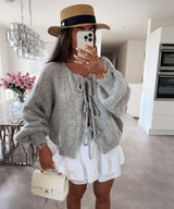 Einfarbiger Rundhals-Lace-Up-Cardigan – Grau