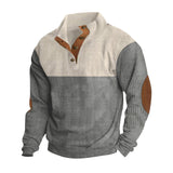 Herren nan grober Rippstrick-Pullover mit Stehkragen, Knopfleiste und markanten Ellenbogenpatches Drune – Apricot + Grau