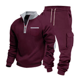 Herren nan Sweatset mit halbem Reißverschluss, Brusttasche und Cargo-Jogger Drune – Weinrot