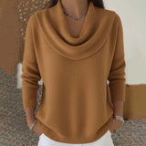 Damen nan fein gestrickter Pullover mit Wasserfallkragen und geripptem Saum Drune – Braun