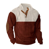 Herren nan gerippter Pullover mit Stehkragen, Knopfleiste und Ellbogen-Patches Drune – Apricot + Dunkelrot