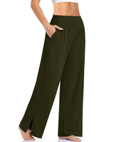 Damen nan weite Yogahose mit hohem Komfortbund, seitlichen Eingrifftaschen und seitlichem Bein-Schlitz Drune – Olivgrün
