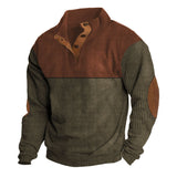Herren nan strukturiertes Rugby-Pullover mit Stehkragen, Knopfleiste und Leder-Ellenbogenpatches Drune – Rot + Khaki