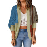 Damen nan lässige Strickjacke im Patchwork-Stil mit offener Front und 3/4-Ärmeln Drune – Blau