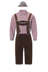 Herren nan kurze Trachtenlederhose in Veloursleder-Optik mit besticktem Brustlatz und verstellbaren Trägern Drune – 82342 Braun (Mütze+Oberteil+Latzhose)