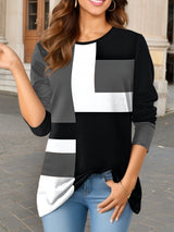 Damen nan geometrisches Colorblock Longsleeve-Tunika-Oberteil mit Rundhalsausschnitt und asymmetrischem Saum Drune – Grau