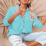 Damen nan lässiges Waffel-Polohemd mit Henley-Knopfleiste und überschnittener Schulter Drune – Himmelblau