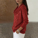 Damen nan fein gestrickter Pullover mit Wasserfallkragen und geripptem Saum Drune – Rot Glitzernd