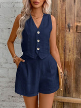 Zweiteiler aus Leinenoptik – Ärmelloses Gilet mit High-Waist Shorts – Blau
