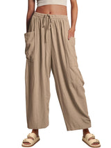 Damen nan weite Palazzohose aus leichtem Leinenmix mit Tunnelzug und seitlicher Tasche Drune – Khaki