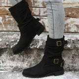 Damen nan lässiger mittlerer Schaftstiefel mit weichem Slouch-Effekt, dekorativen Schnallenriemen und robustem Blockabsatz Drune – Schwarz