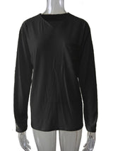 Damen nan legeres Langarmshirt mit V-Notch-Ausschnitt, Brusttasche und lockerer Oversize-Passform Drune – Schwarz - Langarm mit Tasche