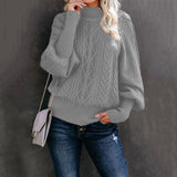 Damen nan Zopfmuster-Strickpullover mit Rollkragen und Ballonärmeln Drune – Hellgrau