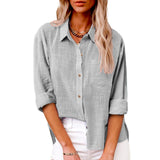 Damen nan oversized Leinen-Baumwollmix Hemdbluse mit Brusttasche und krempelbaren Ärmeln Drune – Grau