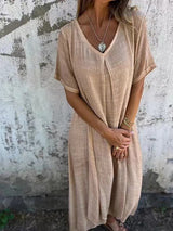 Naduni - Stilvolles Kleid Aus Baumwolle Und Leinen Mit V-Ausschnitt – Beige