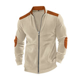 Herren nan Stehkragen-Sweatjacke mit feiner Rippstruktur, Ellbogen-Patches und kontrastierenden Schulterdetails Drune – Apricot